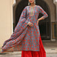 Janasya Women's Sky Blue Cotton Floral Block Print Kurta With Gharara And Dupatta | Swadesiicart