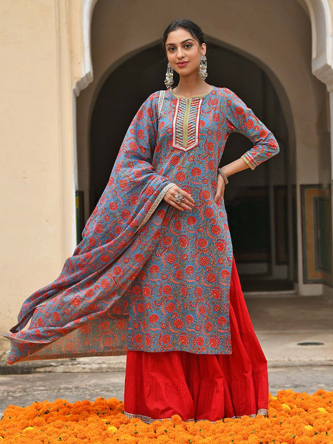 Janasya Women's Sky Blue Cotton Floral Block Print Kurta With Gharara And Dupatta | Swadesiicart