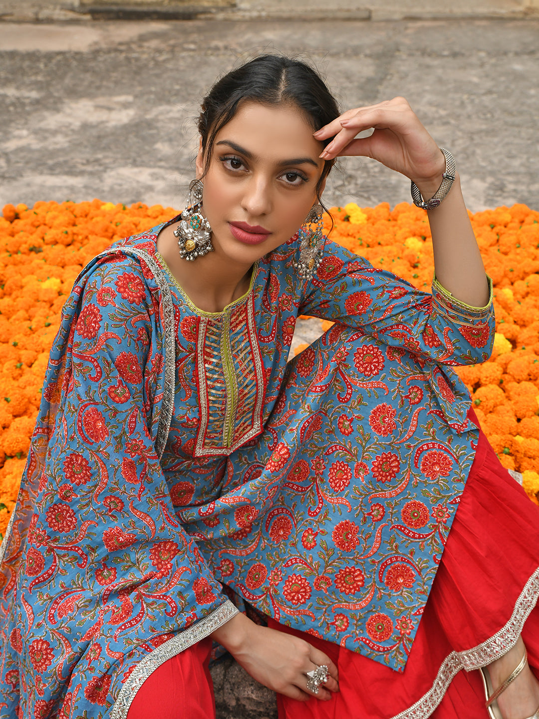 Janasya Women's Sky Blue Cotton Floral Block Print Kurta With Gharara And Dupatta | Swadesiicart