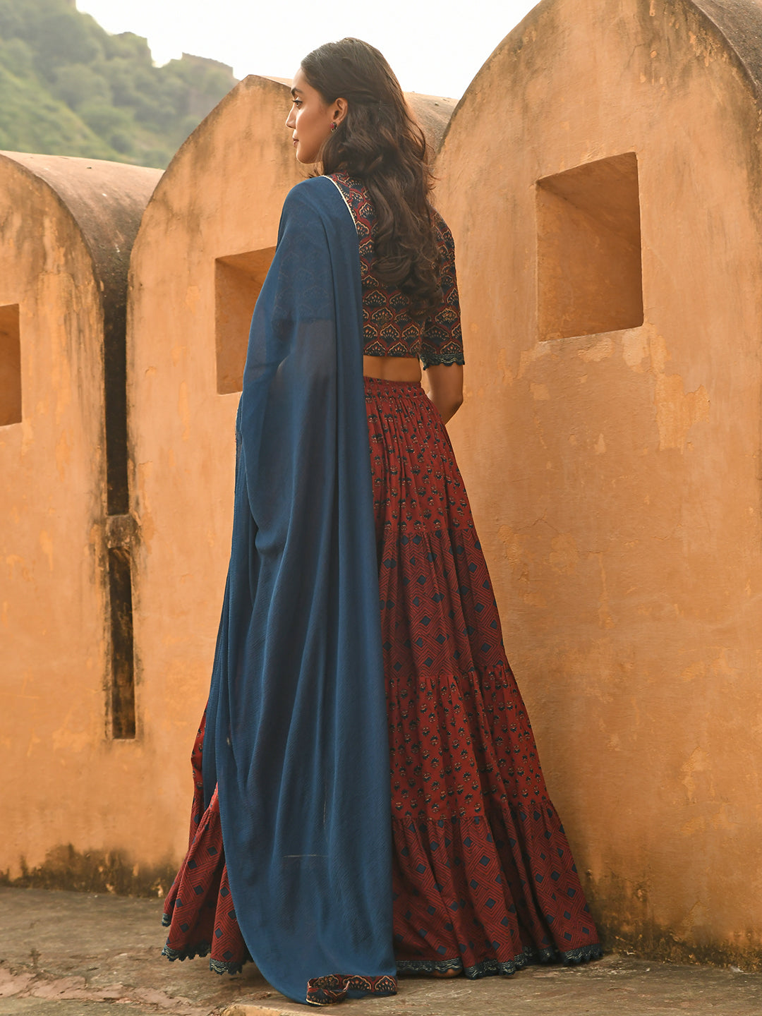Janasya Women's Maroon Cotton Block Print Lehenga Choli With Dupatta | Swadesiicart