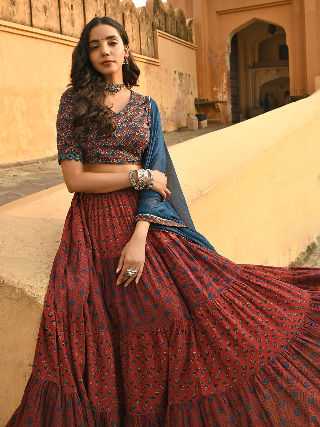 Janasya Women's Maroon Cotton Block Print Lehenga Choli With Dupatta | Swadesiicart