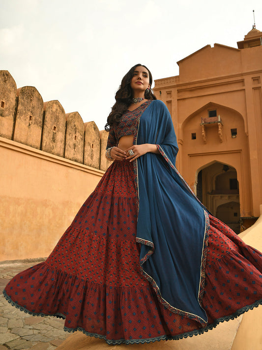 Janasya Women's Maroon Cotton Block Print Lehenga Choli With Dupatta | Swadesiicart