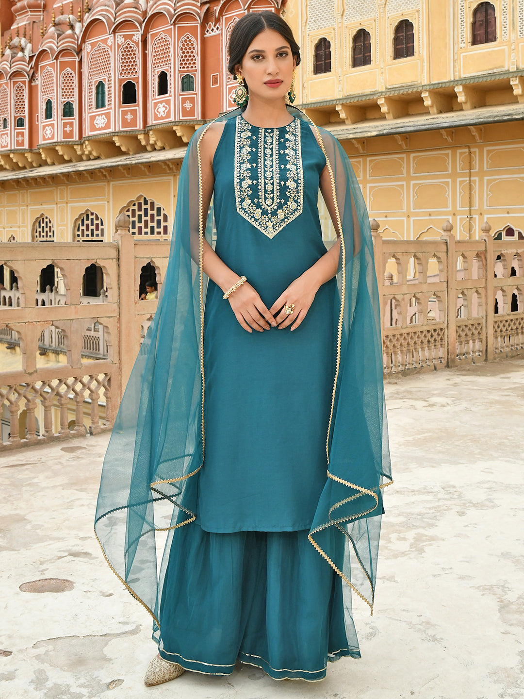 Janasya Women's Teal Green Poly Silk Embroidered Kurta With Sharara And Dupatta | Swadesiicart