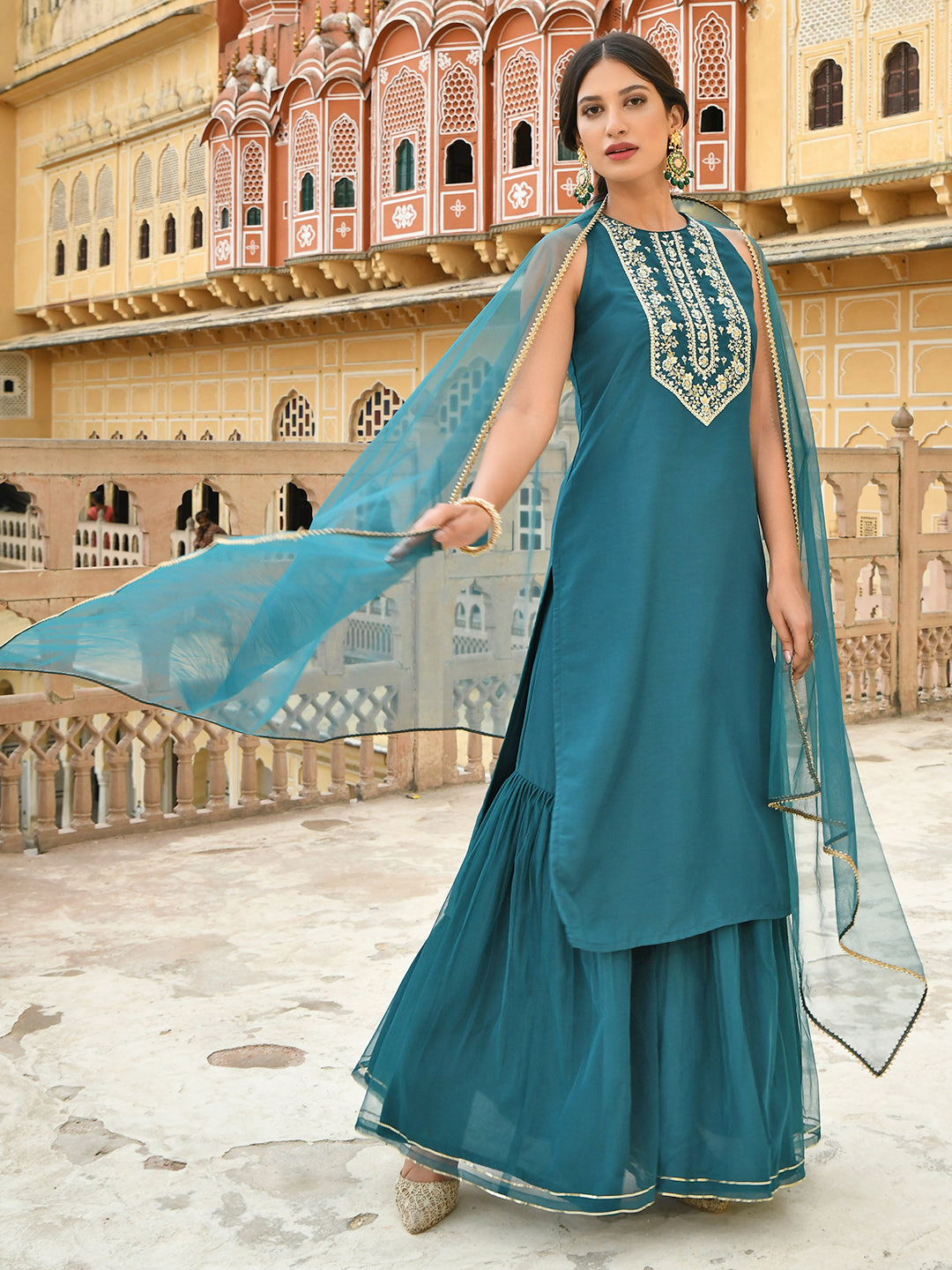 Janasya Women's Teal Green Poly Silk Embroidered Kurta With Sharara And Dupatta | Swadesiicart