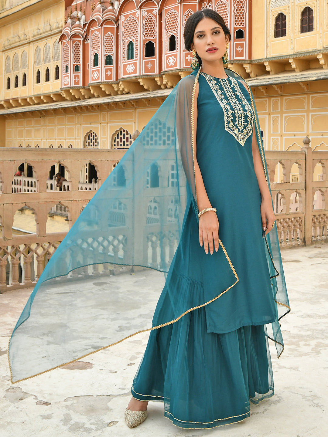 Janasya Women's Teal Green Poly Silk Embroidered Kurta With Sharara And Dupatta | Swadesiicart