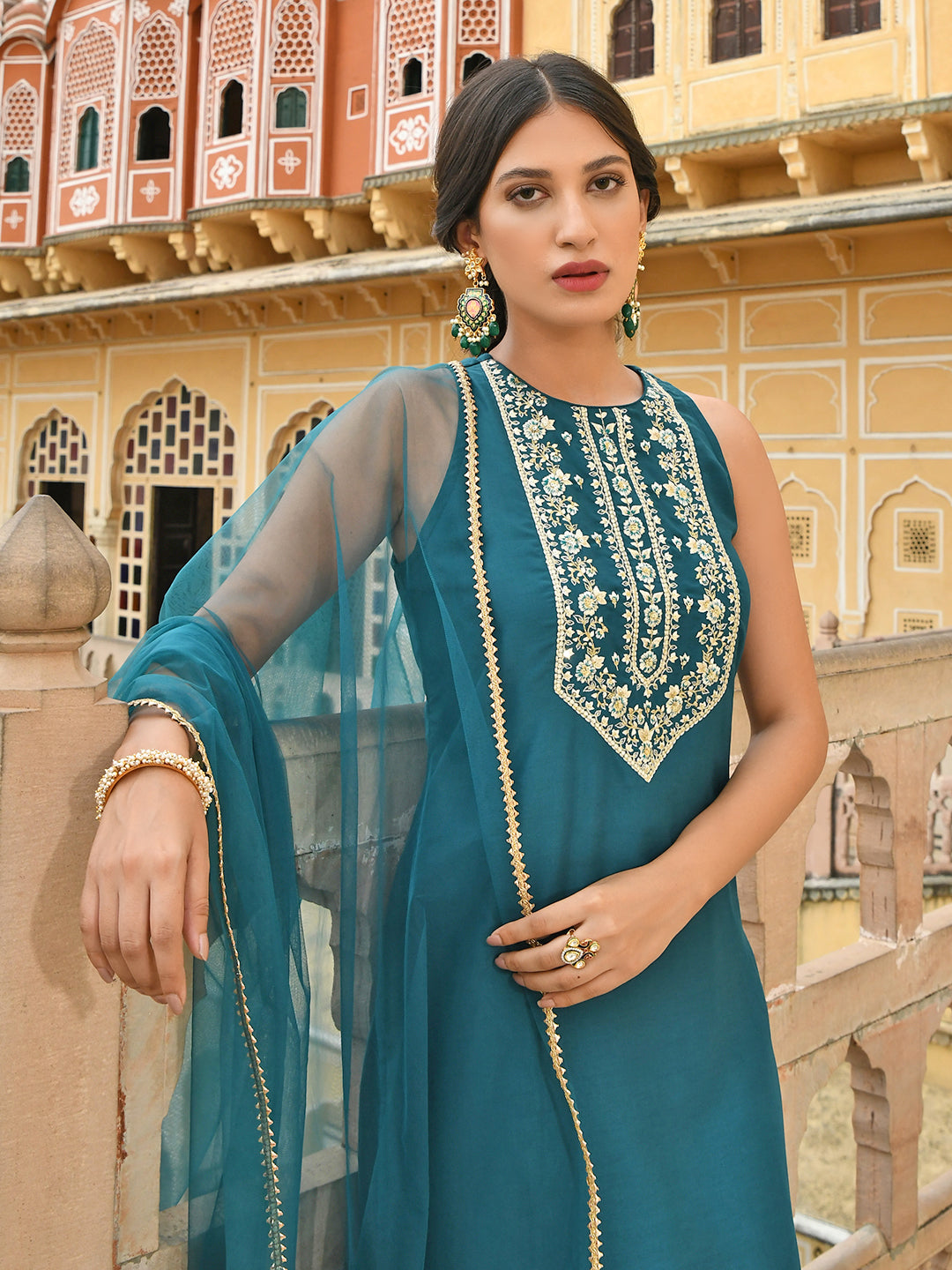 Janasya Women's Teal Green Poly Silk Embroidered Kurta With Sharara And Dupatta | Swadesiicart