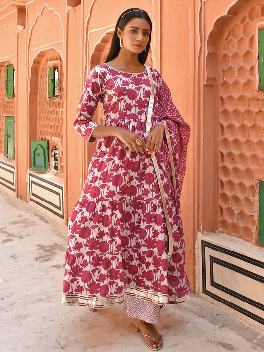 Janasya Women's White Cotton Floral Print Kurta With Palazzo And Dupatta | Swadesiicart