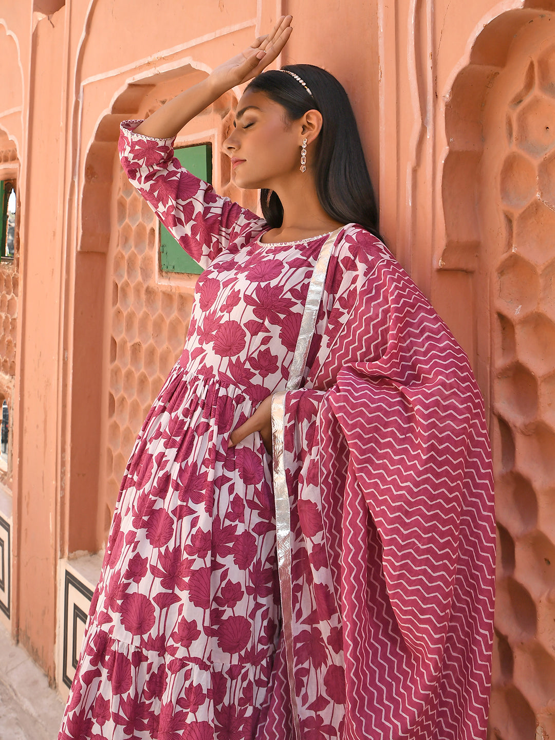 Janasya Women's White Cotton Floral Print Kurta With Palazzo And Dupatta | Swadesiicart