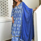 Janasya Women's Blue Cotton Floral Block Print Kurta With Flared Palazzo And Dupatta | Swadesiicart