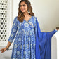 Janasya Women's Blue Cotton Floral Block Print Kurta With Flared Palazzo And Dupatta | Swadesiicart