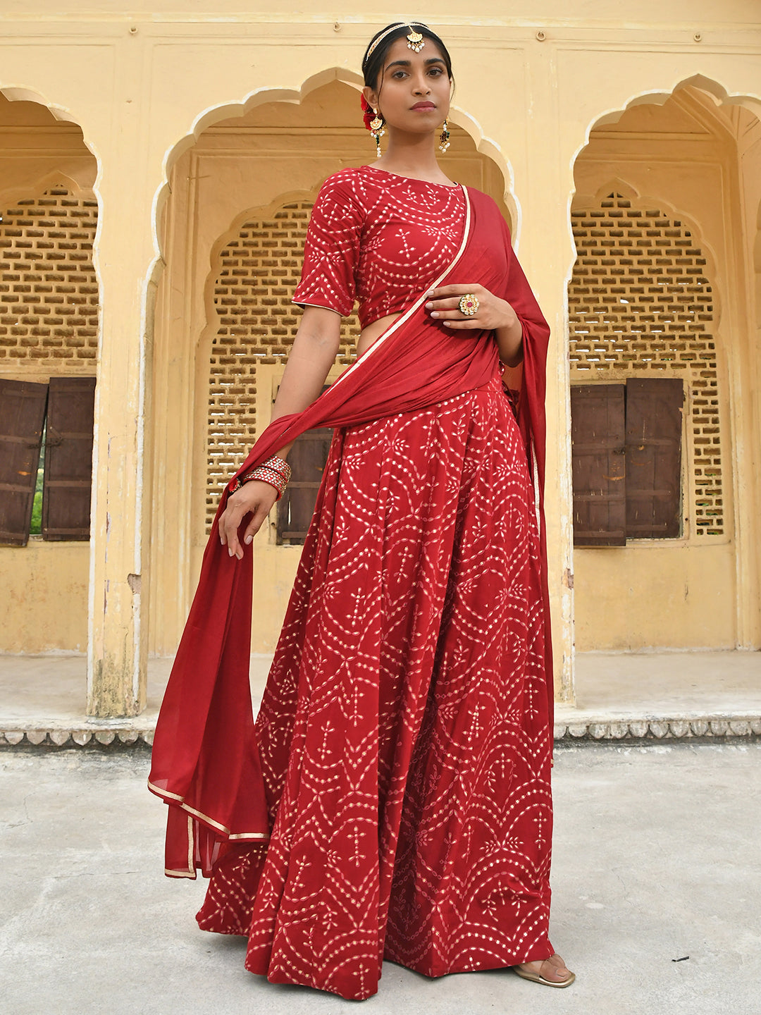 Janasya Women's Maroon Rayon Ethnic Motifs Foil Print Lehenga Choli With Dupatta | Swadesiicart