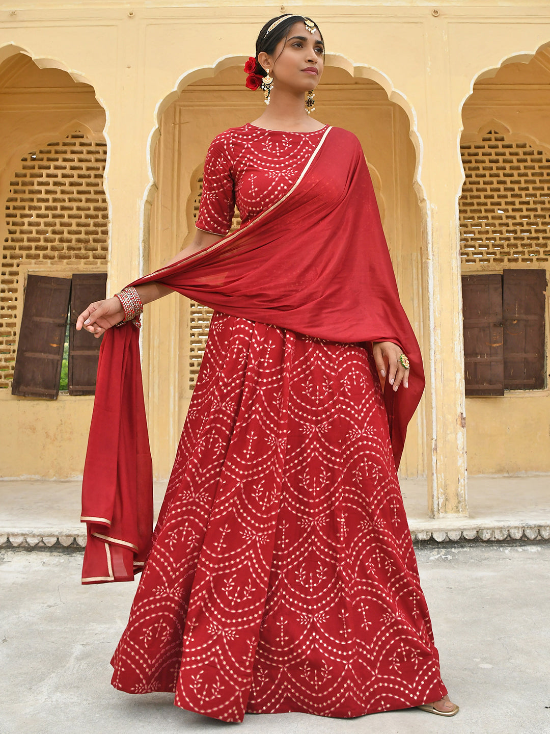 Janasya Women's Maroon Rayon Ethnic Motifs Foil Print Lehenga Choli With Dupatta | Swadesiicart