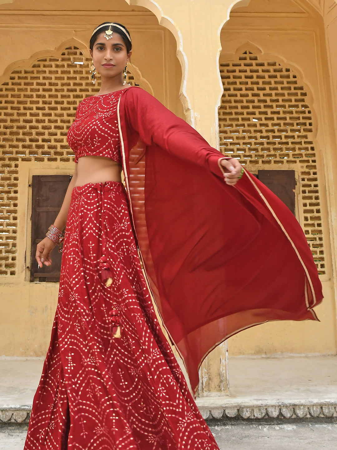 Janasya Women's Maroon Rayon Ethnic Motifs Foil Print Lehenga Choli With Dupatta | Swadesiicart