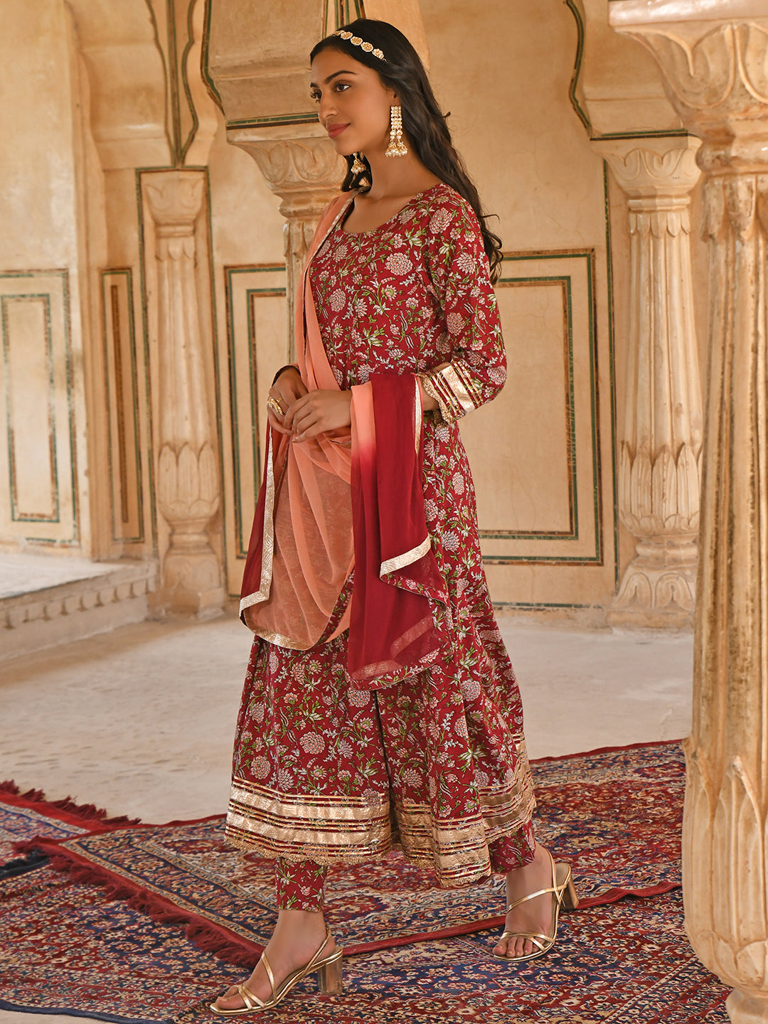 Janasya Women's Maroon Cotton Floral Block Print Kurta With Pant And Dupatta | Swadesiicart