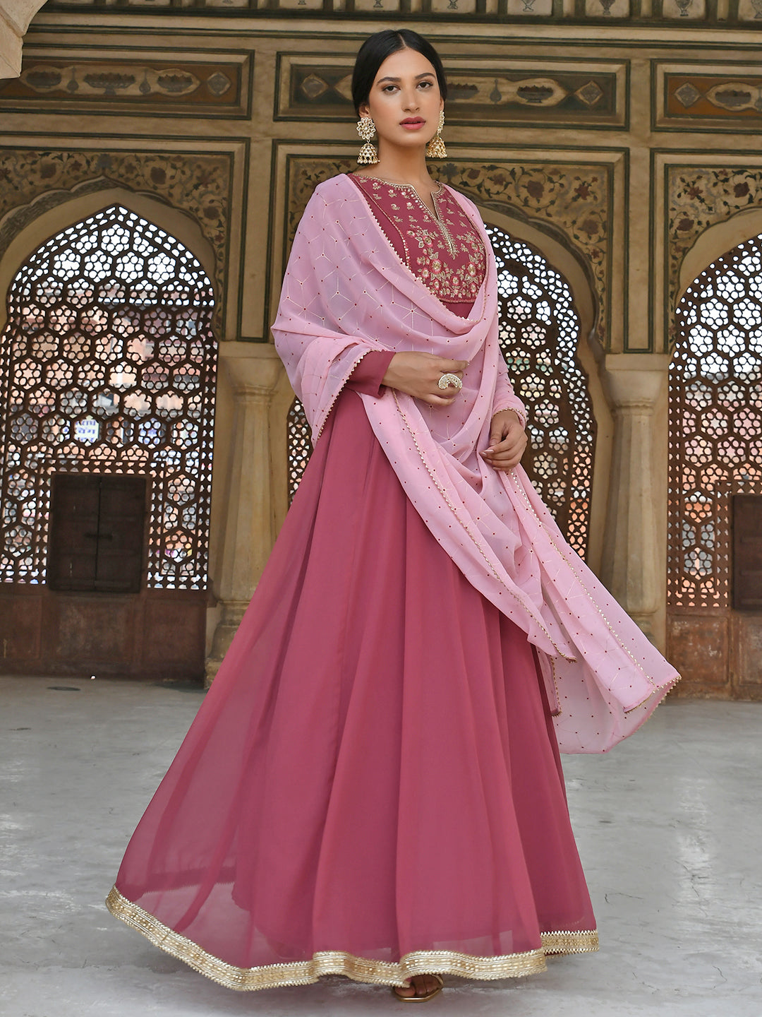 Janasya Women's Old Rose Georgette Embroidered Kurta With Dupatta | Swadesiicart