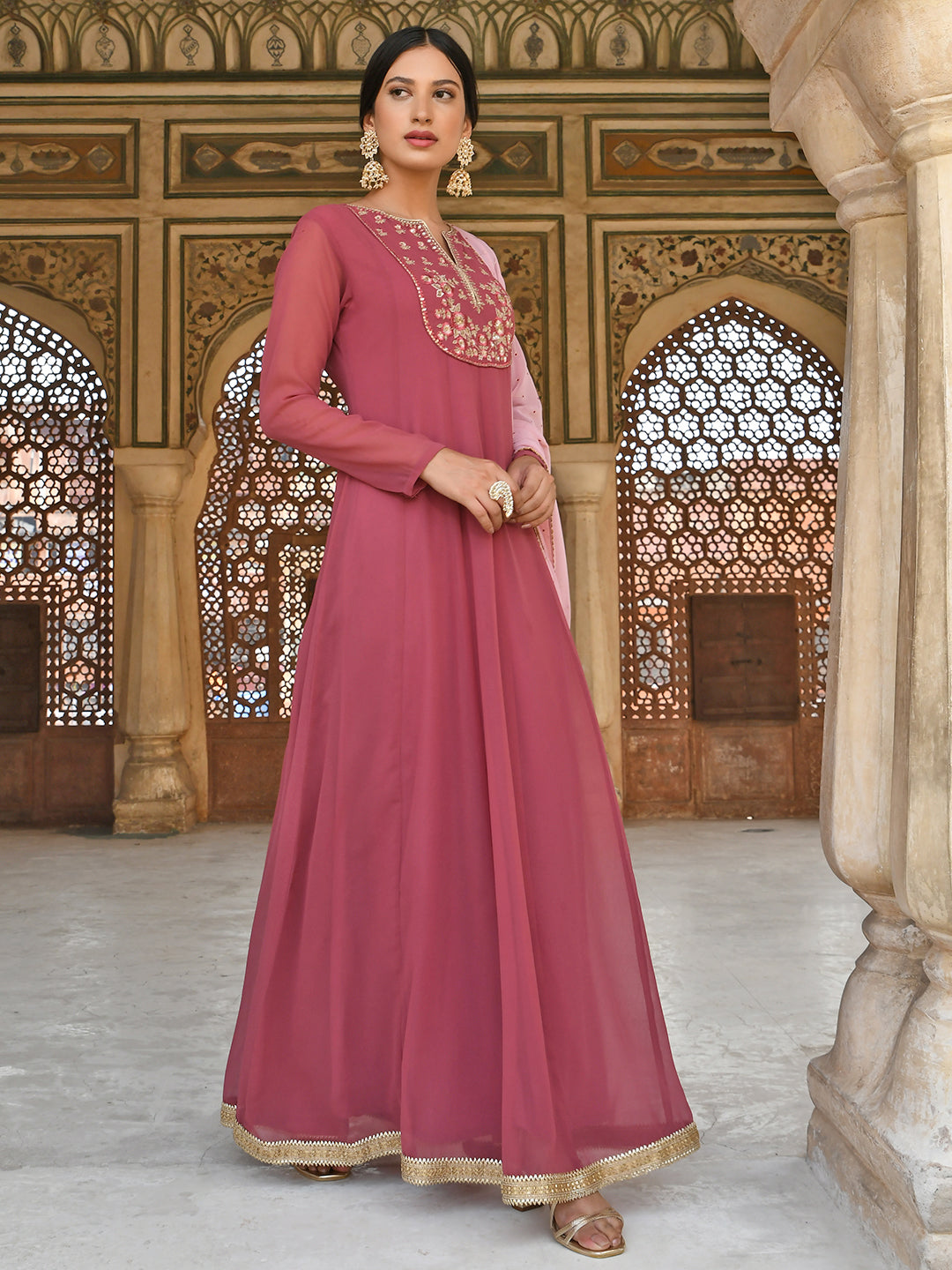 Janasya Women's Old Rose Georgette Embroidered Kurta With Dupatta | Swadesiicart