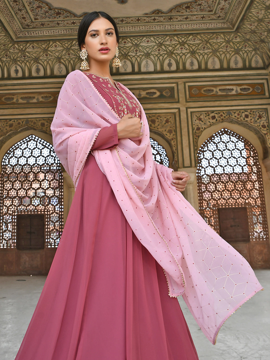 Janasya Women's Old Rose Georgette Embroidered Kurta With Dupatta | Swadesiicart