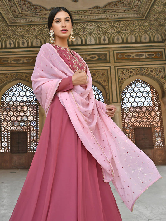 Janasya Women's Old Rose Georgette Embroidered Kurta With Dupatta | Swadesiicart
