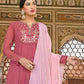 Janasya Women's Old Rose Georgette Embroidered Kurta With Dupatta | Swadesiicart