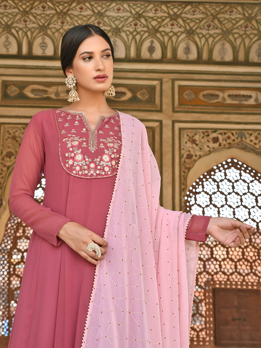 Janasya Women's Old Rose Georgette Embroidered Kurta With Dupatta | Swadesiicart