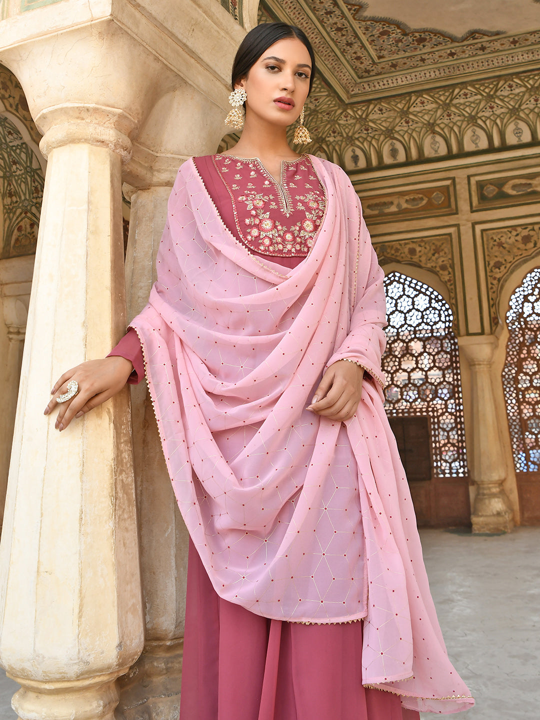 Janasya Women's Old Rose Georgette Embroidered Kurta With Dupatta | Swadesiicart