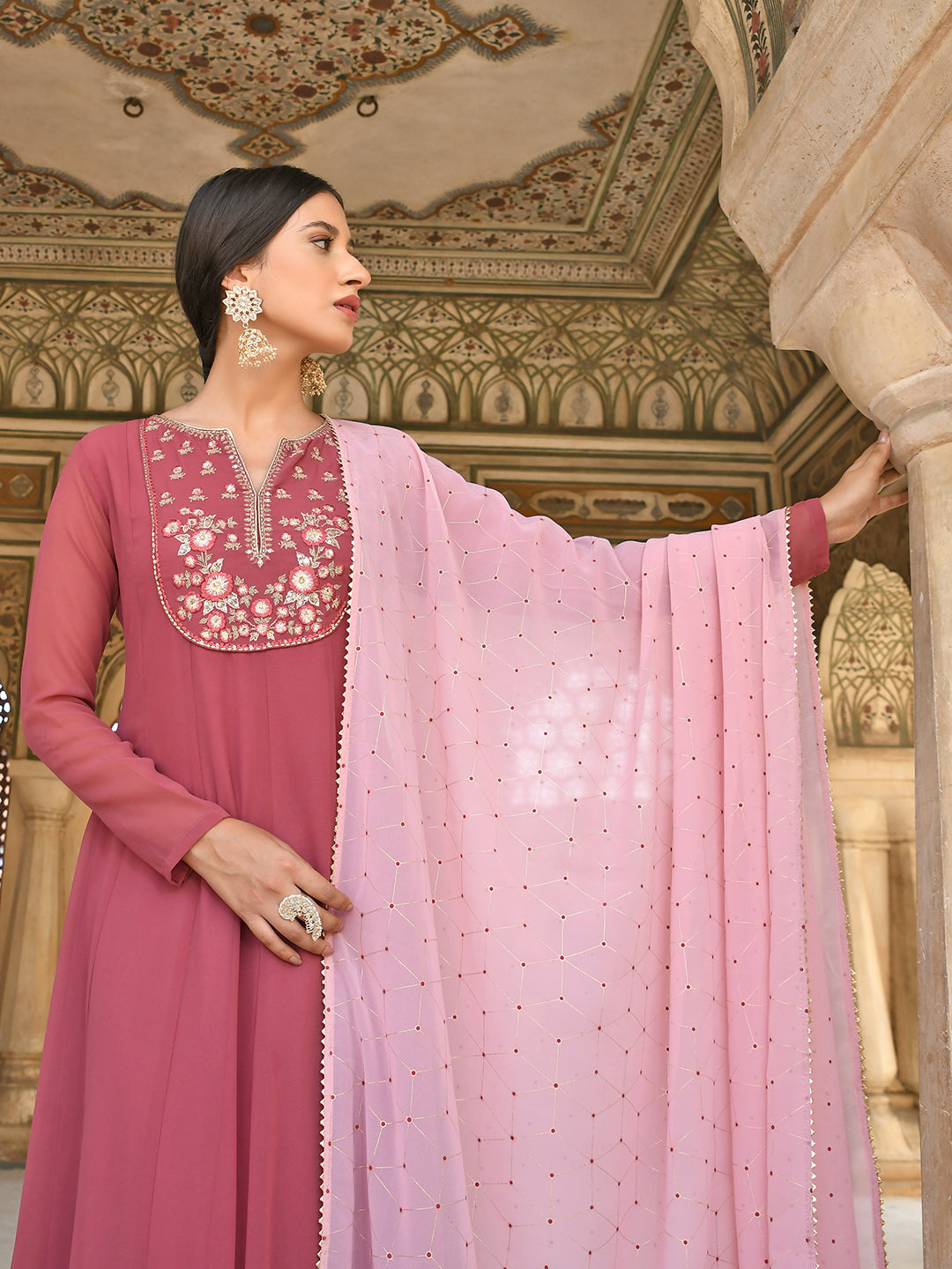 Janasya Women's Old Rose Georgette Embroidered Kurta With Dupatta | Swadesiicart