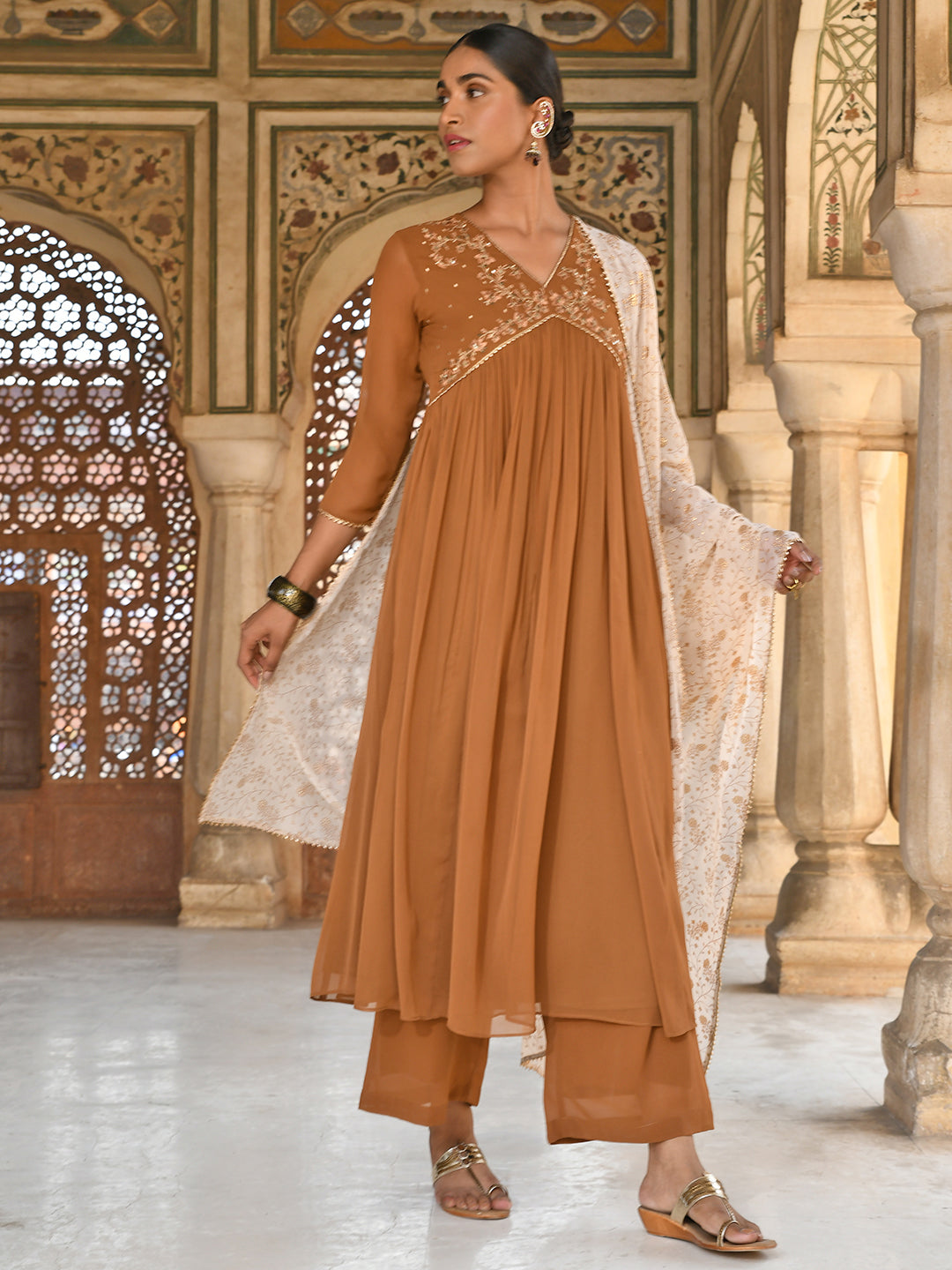 Janasya Women's Brown Georgette Floral Embroidery Kurta With Palazzo And Dupatta | Swadesiicart