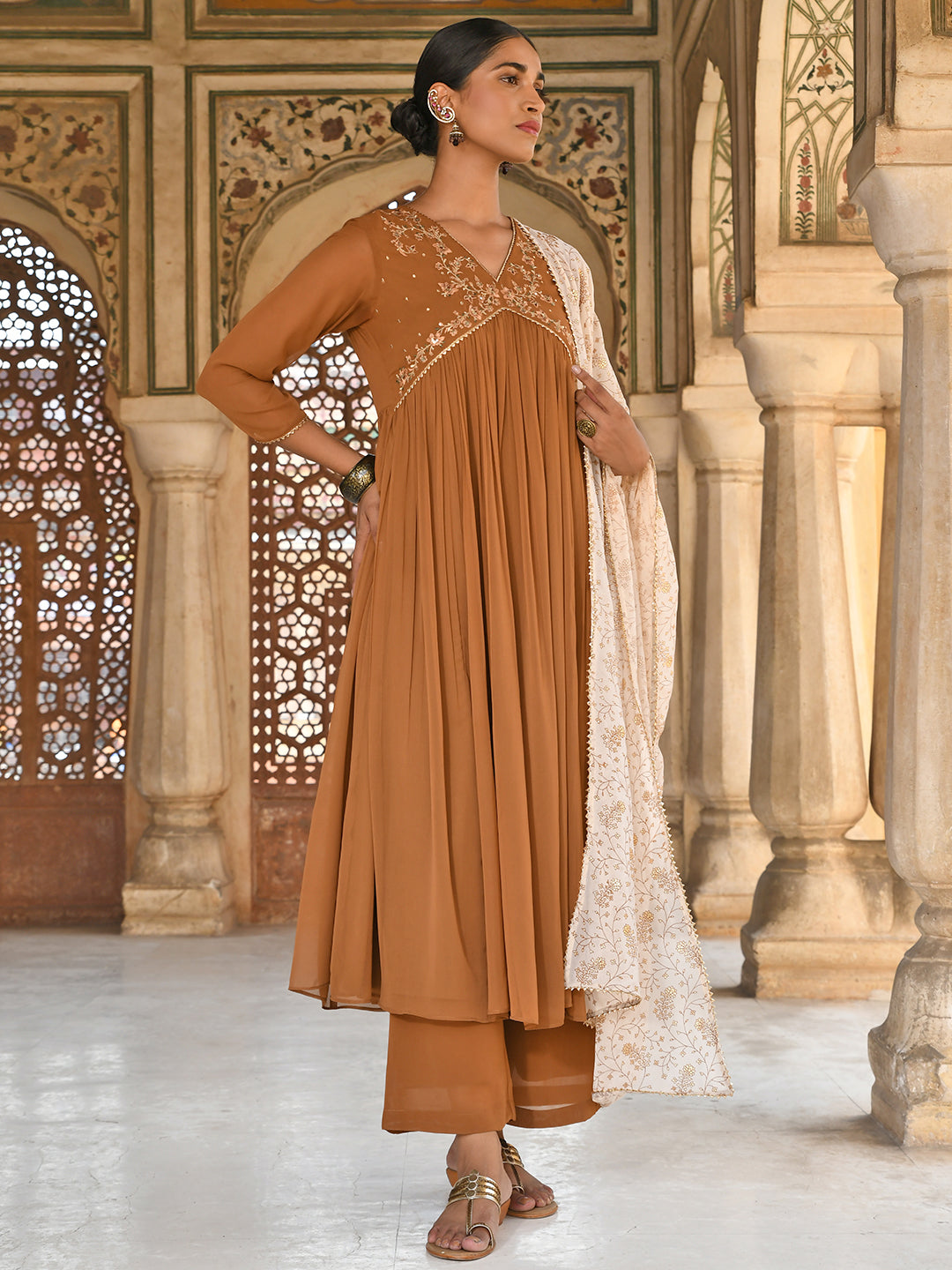 Janasya Women's Brown Georgette Floral Embroidery Kurta With Palazzo And Dupatta | Swadesiicart