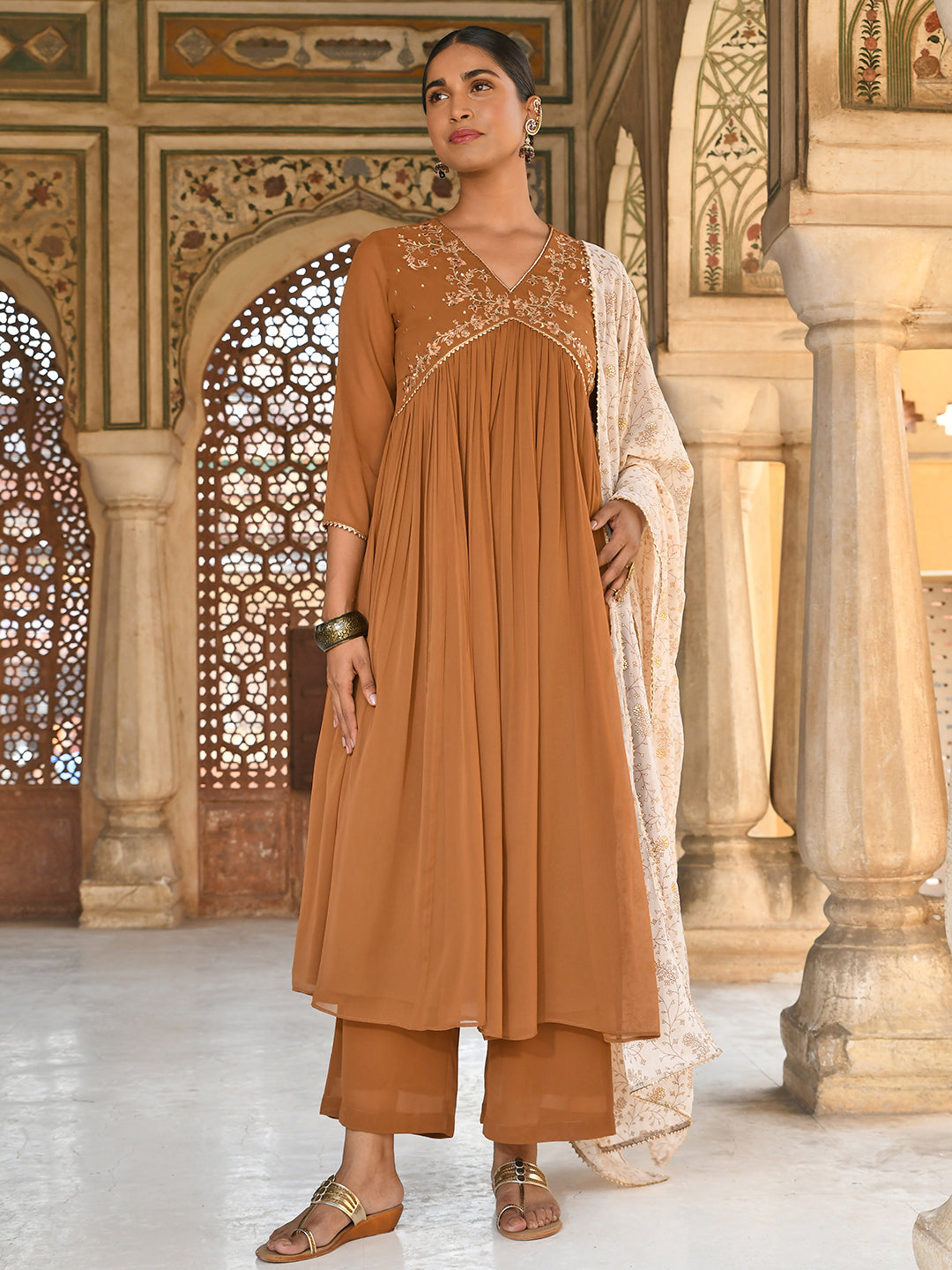 Janasya Women's Brown Georgette Floral Embroidery Kurta With Palazzo And Dupatta | Swadesiicart