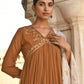 Janasya Women's Brown Georgette Floral Embroidery Kurta With Palazzo And Dupatta | Swadesiicart
