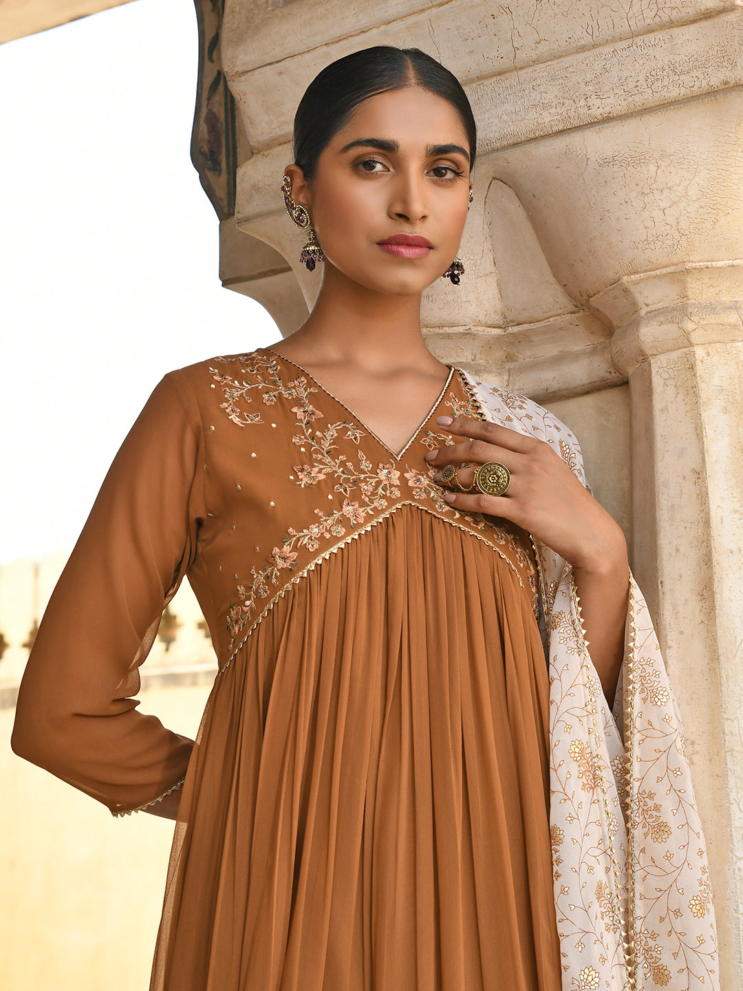 Janasya Women's Brown Georgette Floral Embroidery Kurta With Palazzo And Dupatta | Swadesiicart