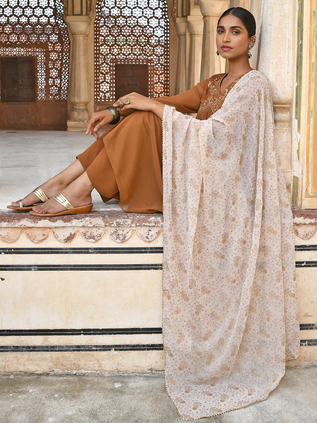 Janasya Women's Brown Georgette Floral Embroidery Kurta With Palazzo And Dupatta | Swadesiicart