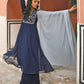 Janasya Women's Navy Blue Georgette Embroidered Kurta With Flared Palazzo And Dupatta | Swadesiicart