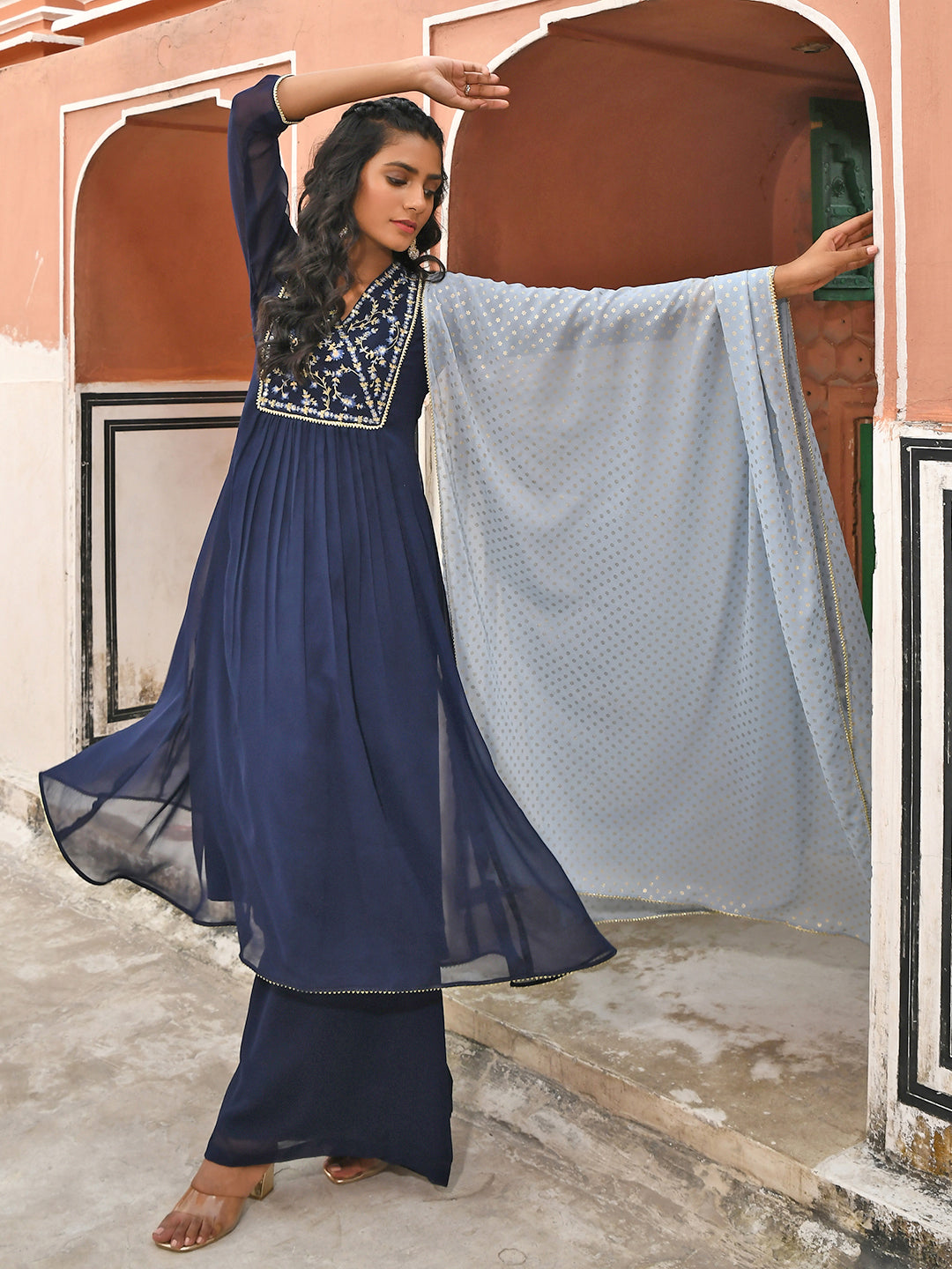 Janasya Women's Navy Blue Georgette Embroidered Kurta With Flared Palazzo And Dupatta | Swadesiicart