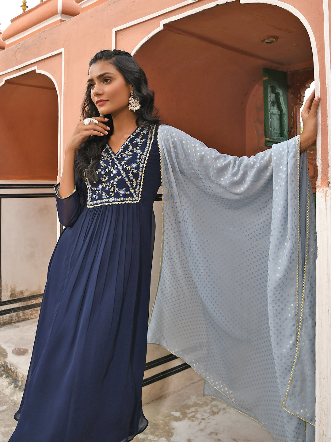 Janasya Women's Navy Blue Georgette Embroidered Kurta With Flared Palazzo And Dupatta | Swadesiicart