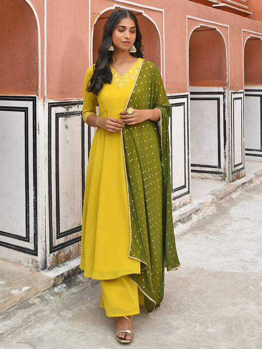 Janasya Women's Yellow Georgette Solid Kurta With Palazzo And Dupatta | Swadesiicart