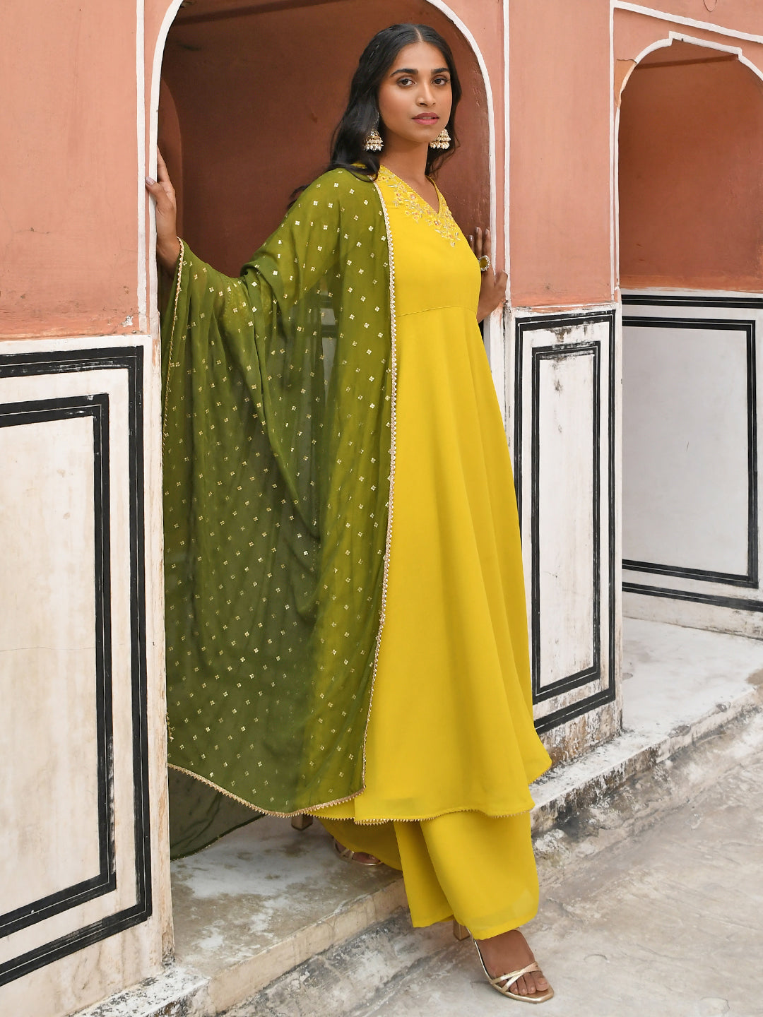 Janasya Women's Yellow Georgette Solid Kurta With Palazzo And Dupatta | Swadesiicart