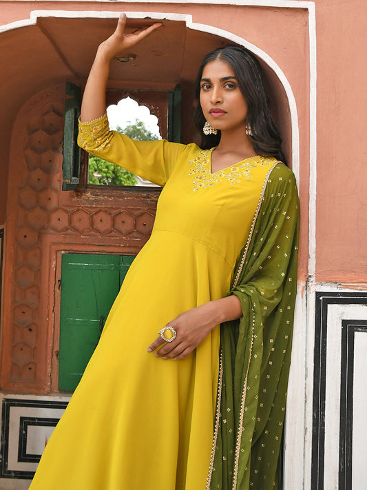 Janasya Women's Yellow Georgette Solid Kurta With Palazzo And Dupatta | Swadesiicart