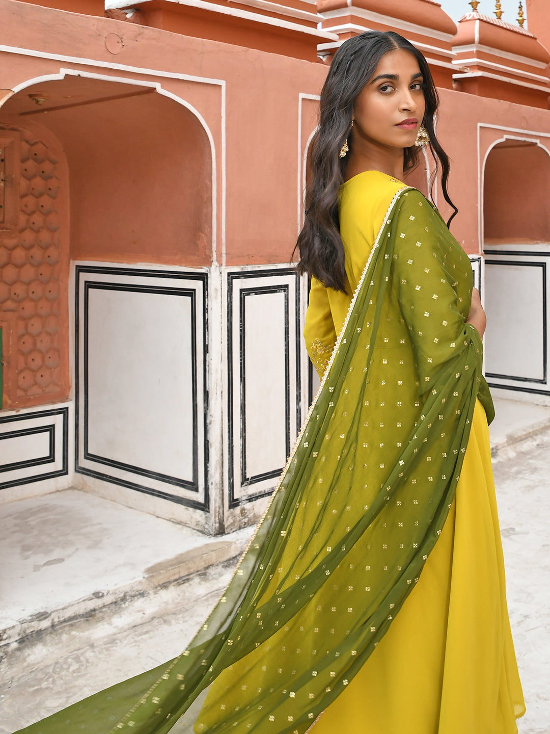 Janasya Women's Yellow Georgette Solid Kurta With Palazzo And Dupatta | Swadesiicart