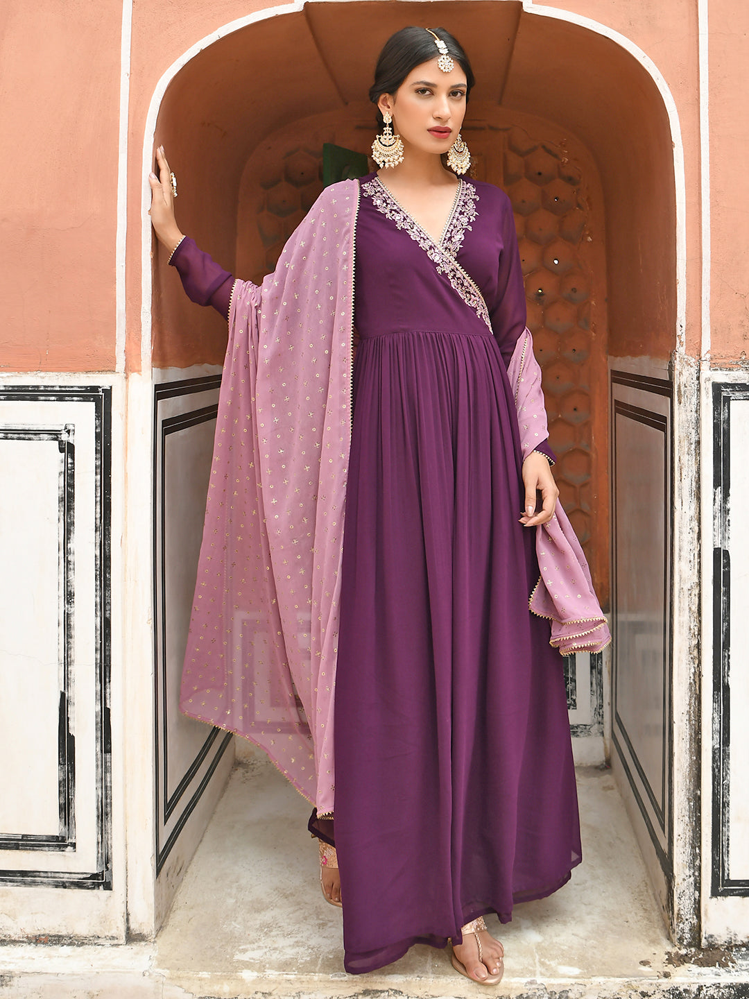 Janasya Women's Wine Georgette Solid Kurta With Dupatta | Swadesiicart