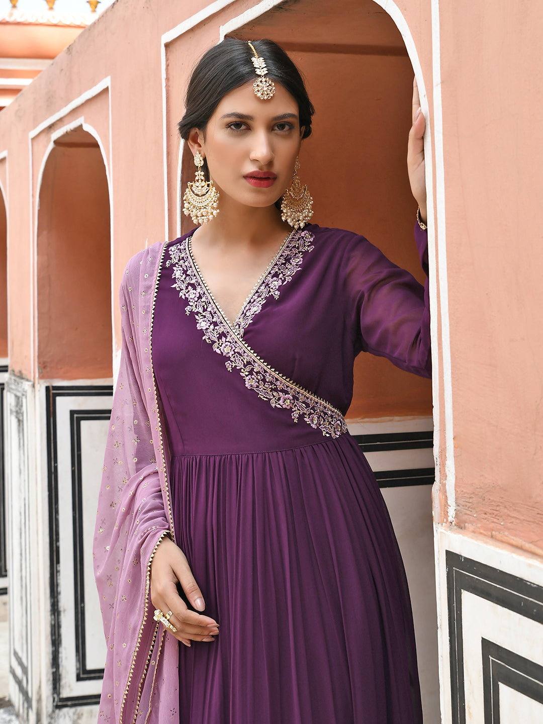Janasya Women's Wine Georgette Solid Kurta With Dupatta | Swadesiicart