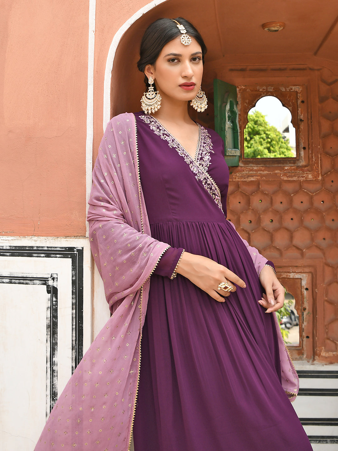 Janasya Women's Wine Georgette Solid Kurta With Dupatta | Swadesiicart