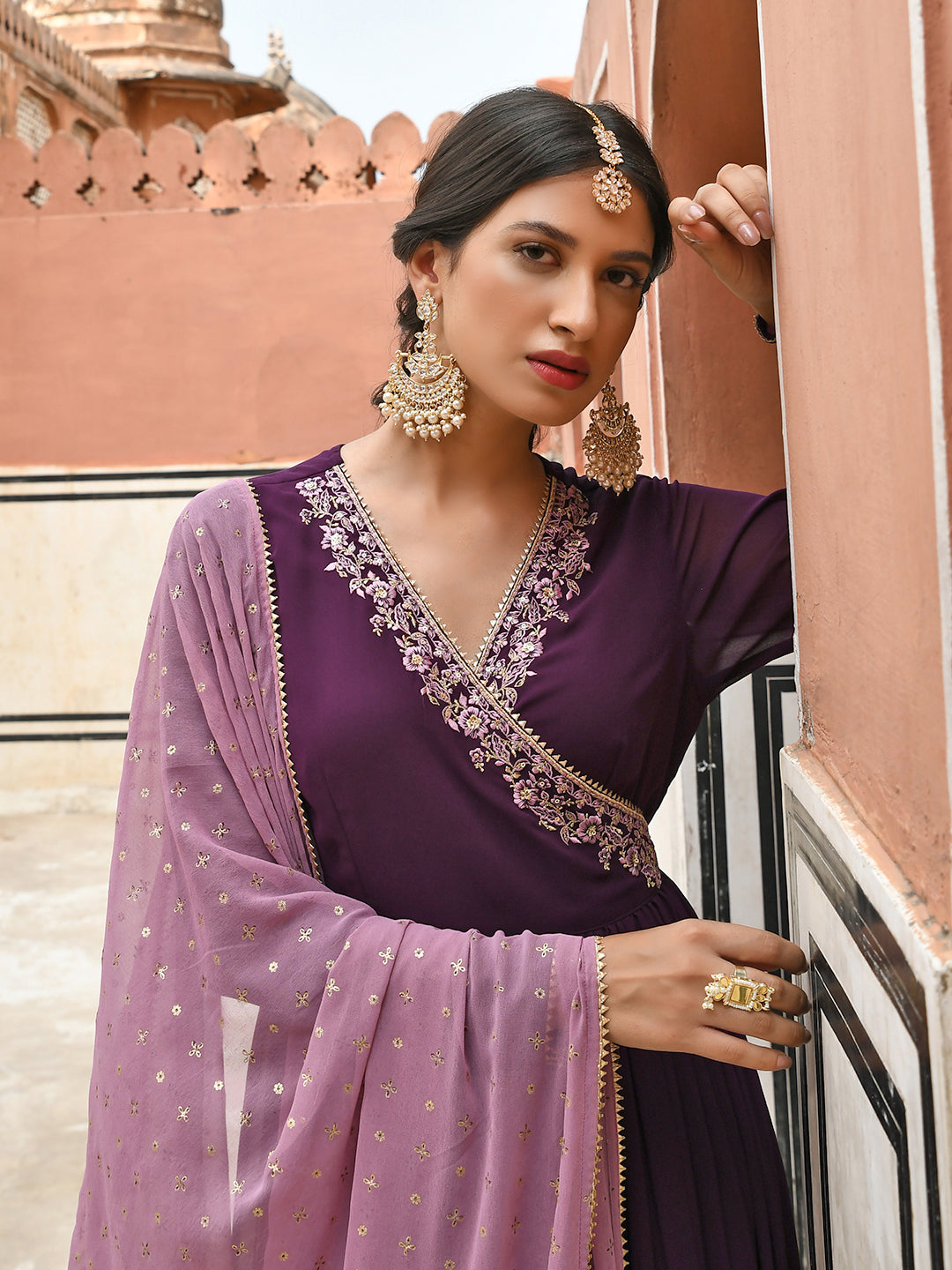 Janasya Women's Wine Georgette Solid Kurta With Dupatta | Swadesiicart