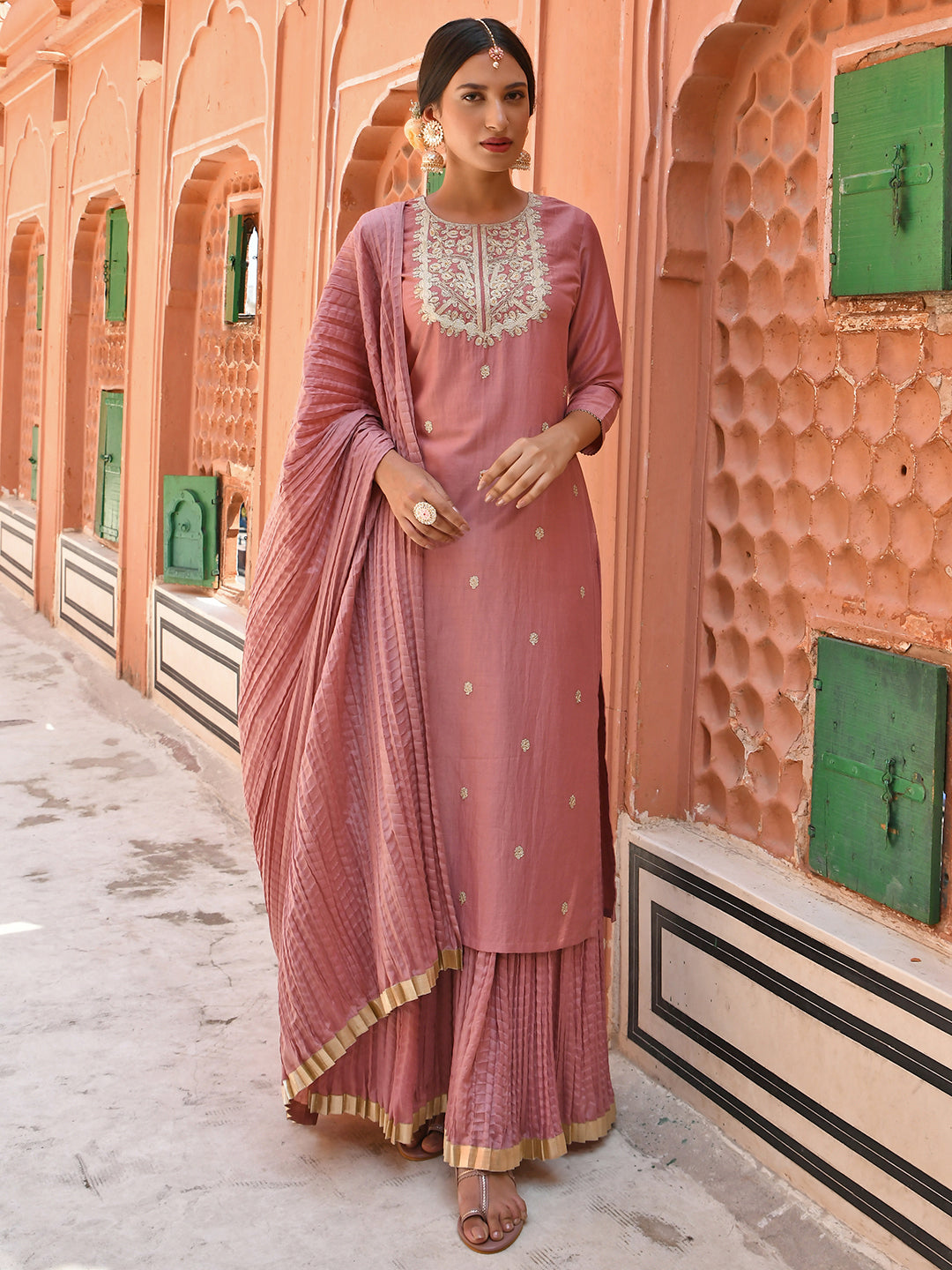 Janasya Women's Old Rose Chinon Embroidered Kurta With Skirt And Dupatta | Swadesiicart