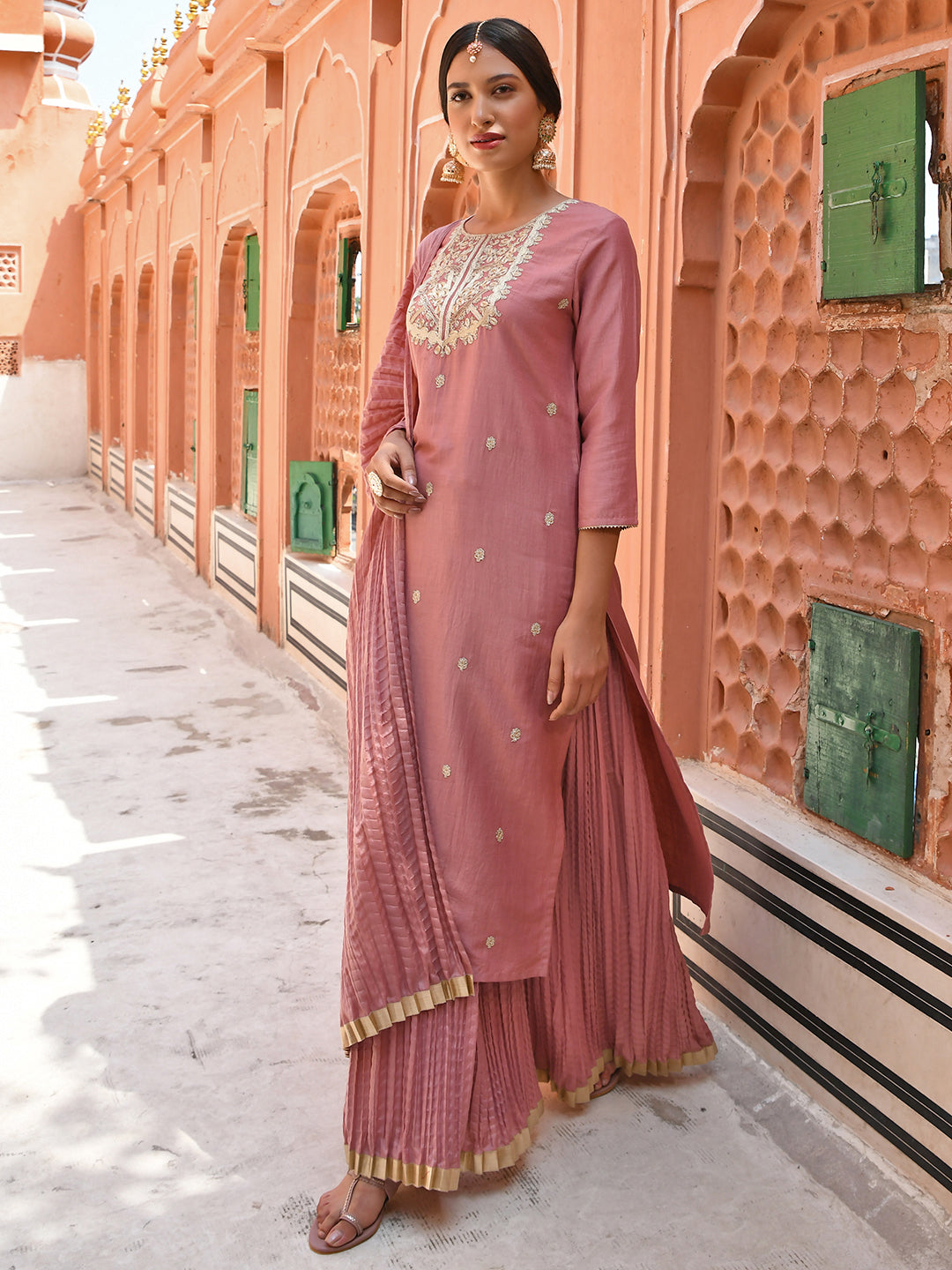 Janasya Women's Old Rose Chinon Embroidered Kurta With Skirt And Dupatta | Swadesiicart