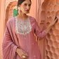 Janasya Women's Old Rose Chinon Embroidered Kurta With Skirt And Dupatta | Swadesiicart