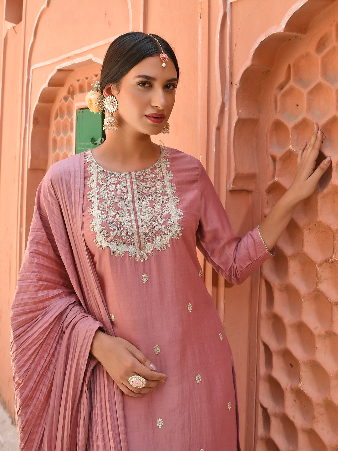 Janasya Women's Old Rose Chinon Embroidered Kurta With Skirt And Dupatta | Swadesiicart