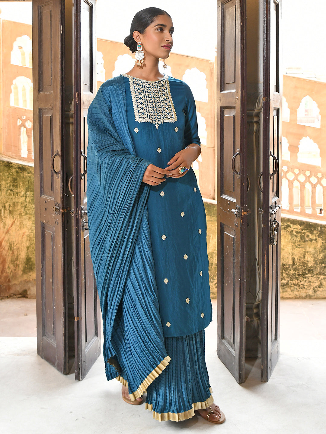 Janasya Women's Teal Blue Chinon Embroidered Kurta With Skirt And Dupatta | Swadesiicart