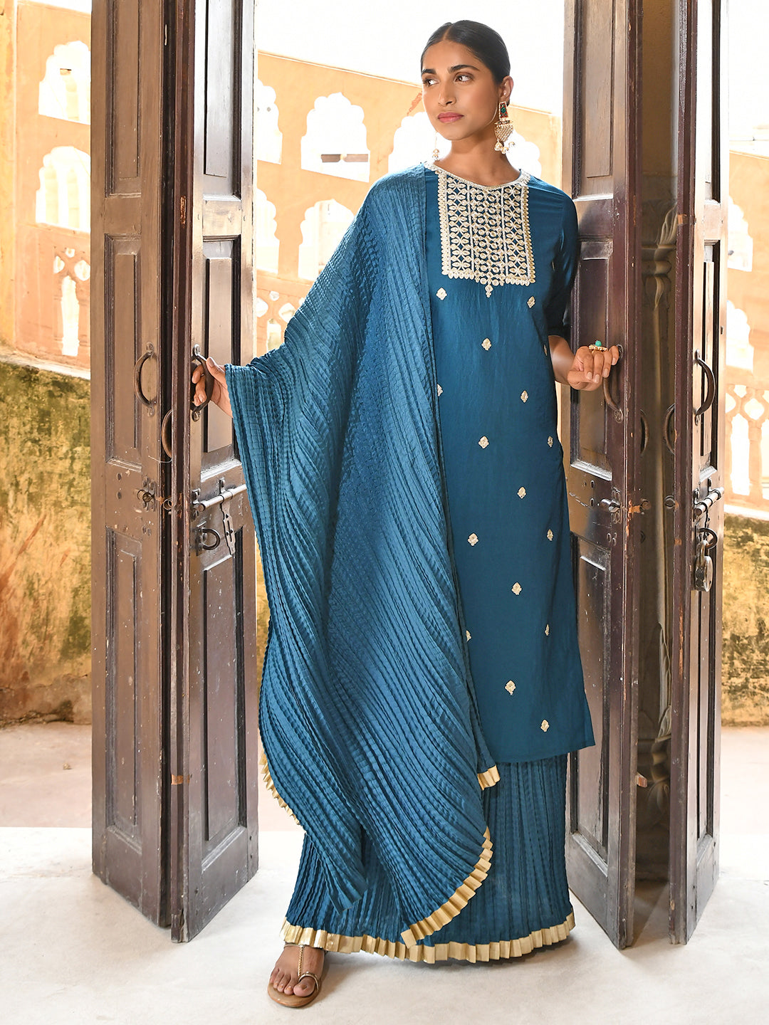 Janasya Women's Teal Blue Chinon Embroidered Kurta With Skirt And Dupatta | Swadesiicart