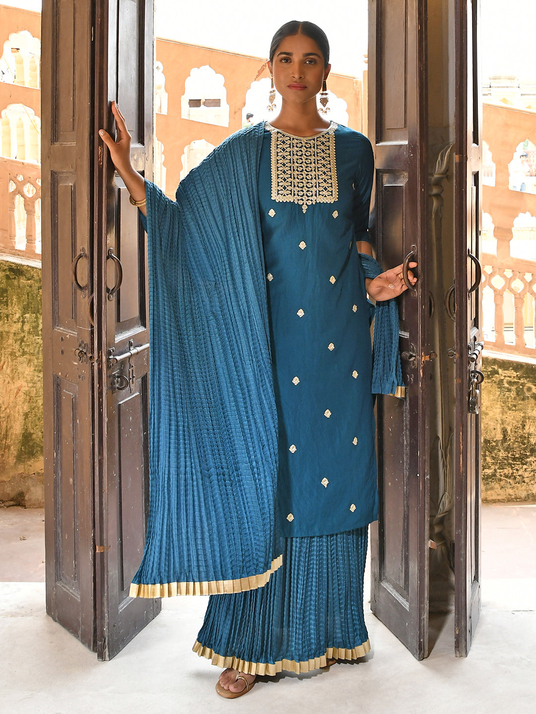 Janasya Women's Teal Blue Chinon Embroidered Kurta With Skirt And Dupatta | Swadesiicart